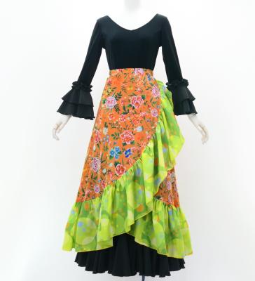 Flamenco Wrap Skirt with Frills / Flowers & Dots / Orange & Yellow Green / FMS-11
