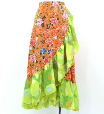 Flamenco Wrap Skirt with Frills / Flowers & Dots / Orange & Yellow Green / FMS-11