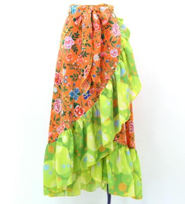 Flamenco Wrap Skirt with Frills / Flowers & Dots / Orange & Yellow Green / FMS-11