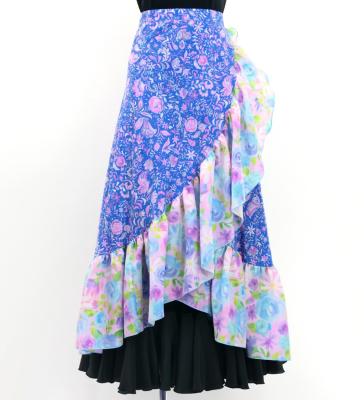 Flamenco Wrap Skirt with Frills /  Rose Paisley  & Flowers / Blue & Pink / FMS-13