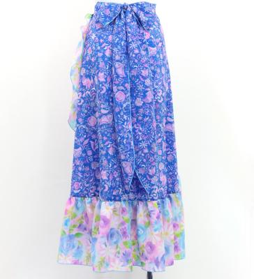 Flamenco Wrap Skirt with Frills /  Rose Paisley  & Flowers / Blue & Pink / FMS-13