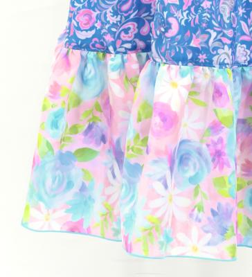 Flamenco Wrap Skirt with Frills /  Rose Paisley  & Flowers / Blue & Pink / FMS-13