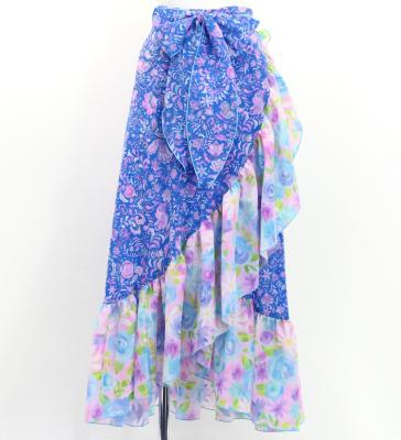 Flamenco Wrap Skirt with Frills /  Rose Paisley  & Flowers / Blue & Pink / FMS-13