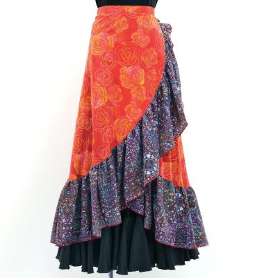Flamenco Wrap Skirt with Frills / Roses & Arabesque / Red / FMS-14