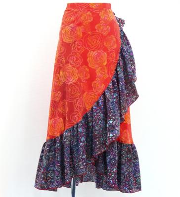 Flamenco Wrap Skirt with Frills / Roses & Arabesque / Red / FMS-14