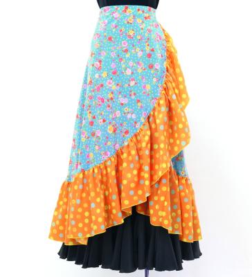 Flamenco Wrap Skirt with Frills / Roses & Dots / Light Blue & Orange / FMS-15