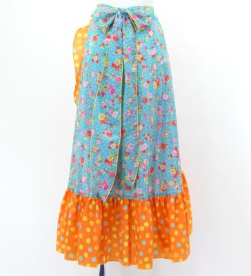 Flamenco Wrap Skirt with Frills / Roses & Dots / Light Blue & Orange / FMS-15