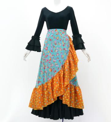 Flamenco Wrap Skirt with Frills / Roses & Dots / Light Blue & Orange / FMS-15