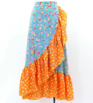 Flamenco Wrap Skirt with Frills / Roses & Dots / Light Blue & Orange / FMS-15