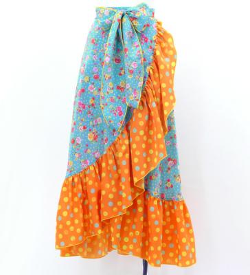 Flamenco Wrap Skirt with Frills / Roses & Dots / Light Blue & Orange / FMS-15