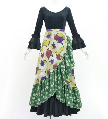 Flamenco Wrap Skirt with Frills / Roses & Dots / Beige & Green / FMS-16