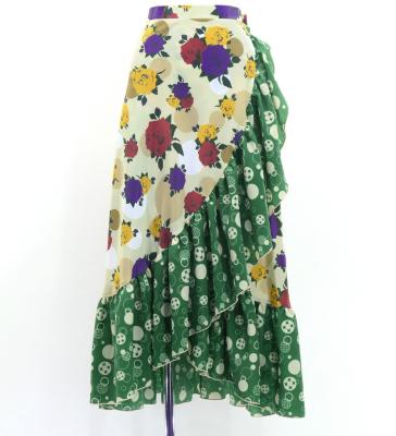 Flamenco Wrap Skirt with Frills / Roses & Dots / Beige & Green / FMS-16