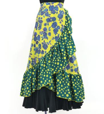 Flamenco Wrap Skirt with Frills / Roses & Dots / Dark Yellow & Turquoise Blue / FMS-5
