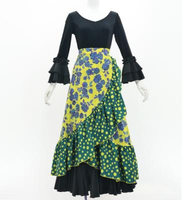 Flamenco Wrap Skirt with Frills / Roses & Dots / Dark Yellow & Turquoise Blue / FMS-5
