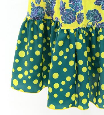 Flamenco Wrap Skirt with Frills / Roses & Dots / Dark Yellow & Turquoise Blue / FMS-5