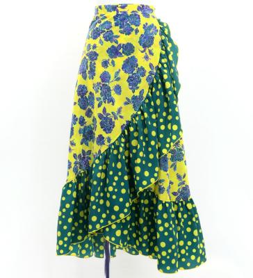 Flamenco Wrap Skirt with Frills / Roses & Dots / Dark Yellow & Turquoise Blue / FMS-5