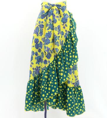 Flamenco Wrap Skirt with Frills / Roses & Dots / Dark Yellow & Turquoise Blue / FMS-5