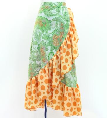 Flamenco Wrap Skirt with Frills / Roses & Dots / Green & Orange / FMS-6