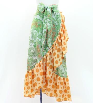 Flamenco Wrap Skirt with Frills / Roses & Dots / Green & Orange / FMS-6