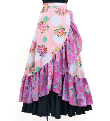 Flamenco Wrap Skirt with Frills / Flowers & Dots / Pink & Turquoise Blue / FMS-7