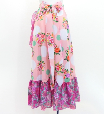 Flamenco Wrap Skirt with Frills / Flowers & Dots / Pink & Turquoise Blue / FMS-7