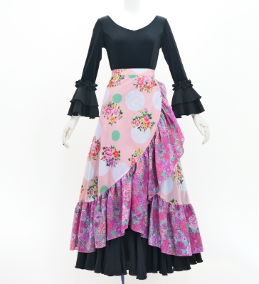 Flamenco Wrap Skirt with Frills / Flowers & Dots / Pink & Turquoise Blue / FMS-7