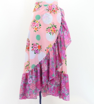 Flamenco Wrap Skirt with Frills / Flowers & Dots / Pink & Turquoise Blue / FMS-7