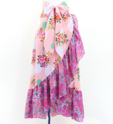 Flamenco Wrap Skirt with Frills / Flowers & Dots / Pink & Turquoise Blue / FMS-7