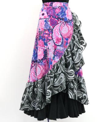 Flamenco Wrap Skirt with Frills / Patchwork Style & Paisley / Navy & Pink / FMS-9