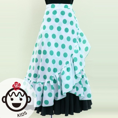Kids Flamenco Wrap Skirt with Frills / Polka Dots / White & Turquoise Blue / JFMSp-2