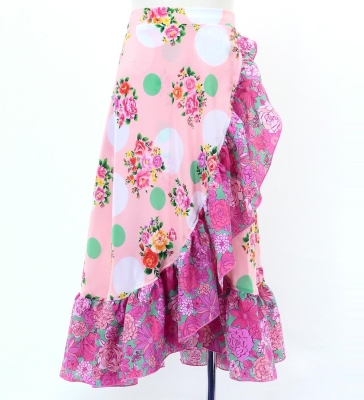 Kids Flamenco Wrap Skirt with Frills / Flowers & Dots / Pink & Turquoise Blue / JFMSp-3