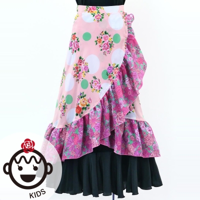 Kids Flamenco Wrap Skirt with Frills / Flowers & Dots / Pink & Turquoise Blue / JFMSp-3