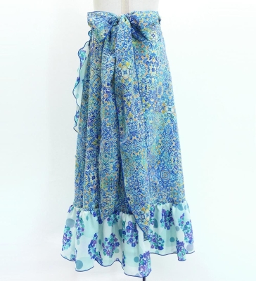 Kids Flamenco Wrap Skirt with Frills / Arabesque & Flowers / Blue / JFMSp-4