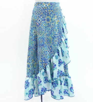 Kids Flamenco Wrap Skirt with Frills / Arabesque & Flowers / Blue / JFMSp-4