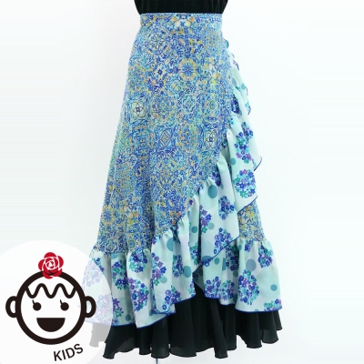 Kids Flamenco Wrap Skirt with Frills / Arabesque & Flowers / Blue / JFMSp-4