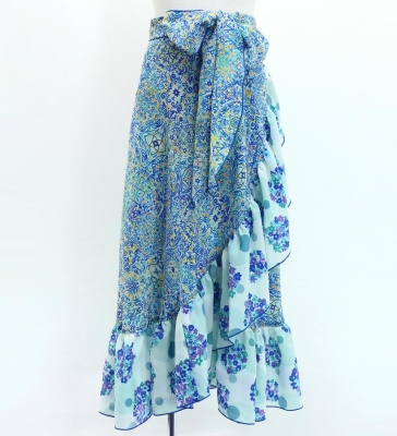 Kids Flamenco Wrap Skirt with Frills / Arabesque & Flowers / Blue / JFMSp-4