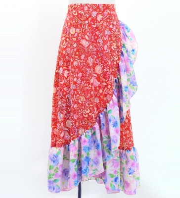 Kids Flamenco Wrap Skirt with Frills / Rose Paisley & Floral / Red & Pink / JFMSp-5