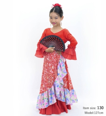 Kids Flamenco Wrap Skirt with Frills / Rose Paisley & Floral / Red & Pink / JFMSp-5