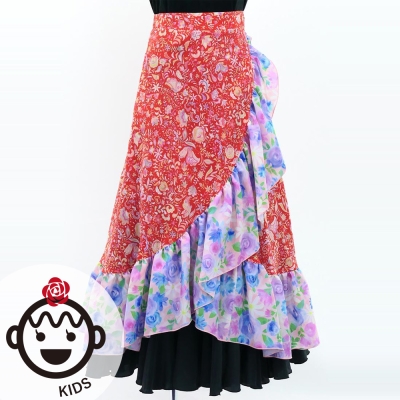 Kids Flamenco Wrap Skirt with Frills / Rose Paisley & Floral / Red & Pink / JFMSp-5