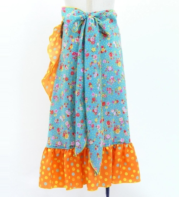 Kids Flamenco Wrap Skirt with Frills / Roses & Carnations & Dots / Light Blue & Orange / JFMSp-6