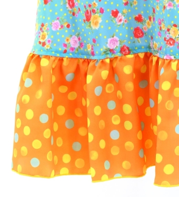 Kids Flamenco Wrap Skirt with Frills / Roses & Carnations & Dots / Light Blue & Orange / JFMSp-6