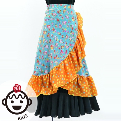 Kids Flamenco Wrap Skirt with Frills / Roses & Carnations & Dots / Light Blue & Orange / JFMSp-6