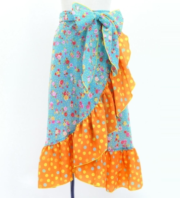 Kids Flamenco Wrap Skirt with Frills / Roses & Carnations & Dots / Light Blue & Orange / JFMSp-6