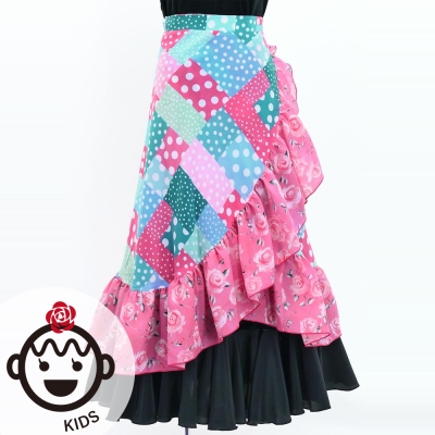 Kids Flamenco Wrap Skirt with Frills / Dots & Roses / Light Blue & Pink / JFMSp-7