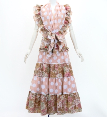 Flamenco Tiered Skirt and Double Frilled Shawl Set / Floral & Dots / Pink Beige / FPS-10