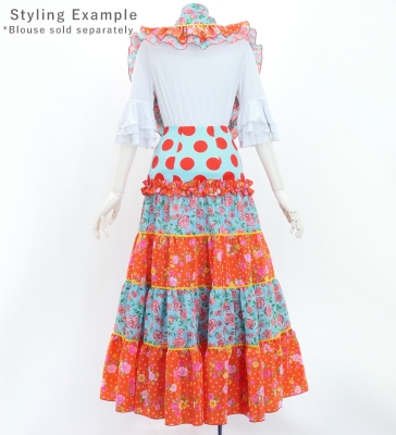 Flamenco Tiered Skirt and Double Frilled Shawl Set / Dots & Roses / Light Blue & Red / FPS-11