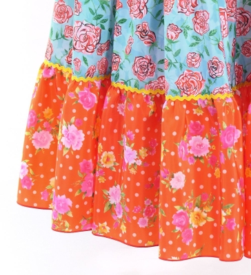 Flamenco Tiered Skirt and Double Frilled Shawl Set / Dots & Roses / Light Blue & Red / FPS-11