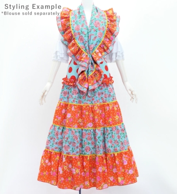 Flamenco Tiered Skirt and Double Frilled Shawl Set / Dots & Roses / Light Blue & Red / FPS-11