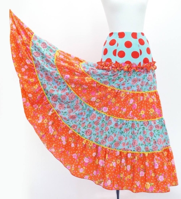 Flamenco Tiered Skirt and Double Frilled Shawl Set / Dots & Roses / Light Blue & Red / FPS-11