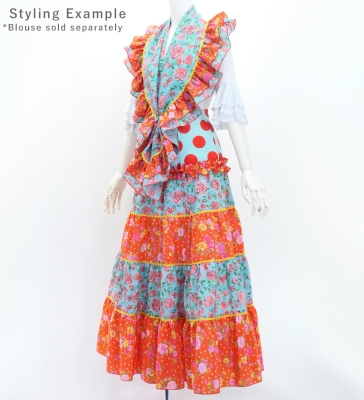 Flamenco Tiered Skirt and Double Frilled Shawl Set / Dots & Roses / Light Blue & Red / FPS-11
